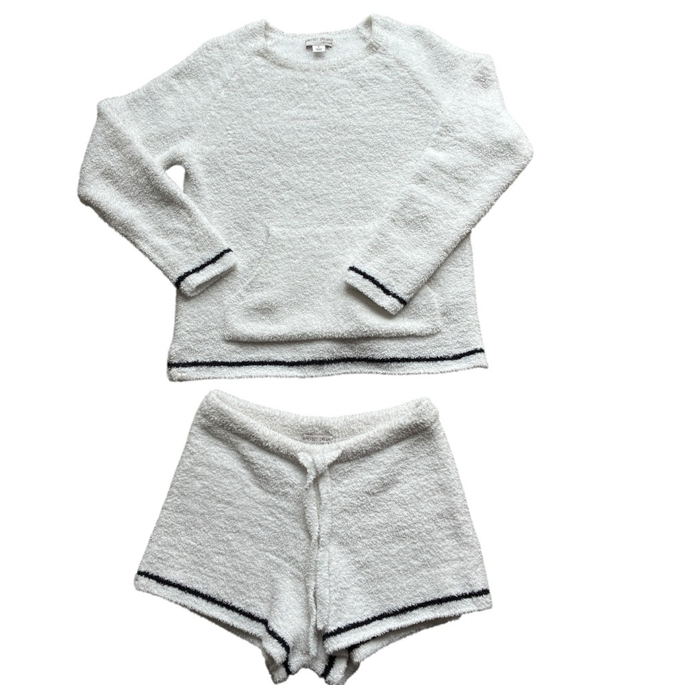 Barefoot Dreams CozyChic Lounge Set White Black Trim Small Soft Knit Pajama Set - Picture 4 of 11